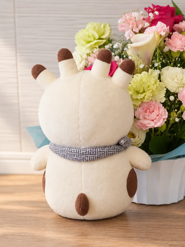 うしろから見たナンダモンのぬいぐるみ。4本のツノと首巻きが見える。