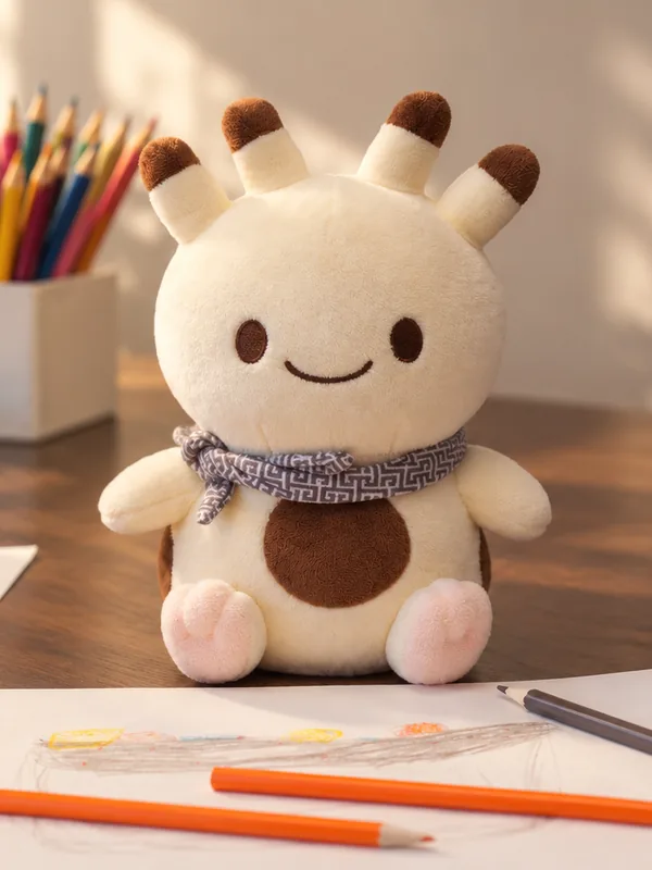 色鉛筆や子どもの絵が広がる机の上に座るナンダモンのぬいぐるみ。