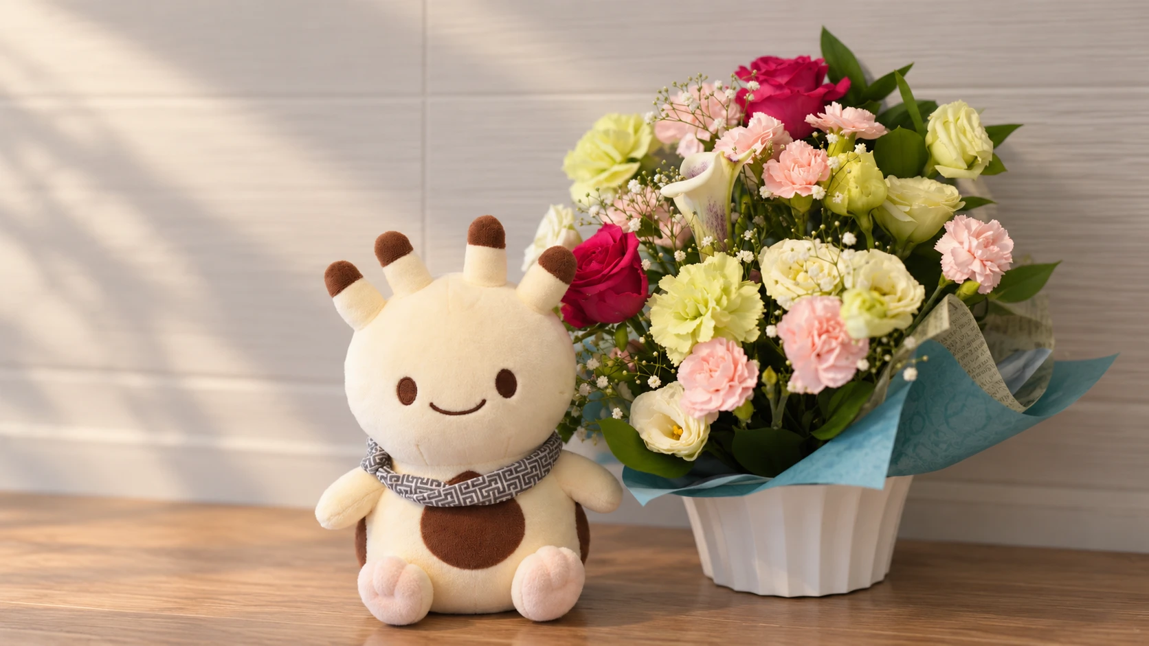木の机に座るナンダモンのぬいぐるみ。先が茶色い4本のツノに柄入りの首巻きを巻き、隣にピンクと黄緑の花束が置かれている。