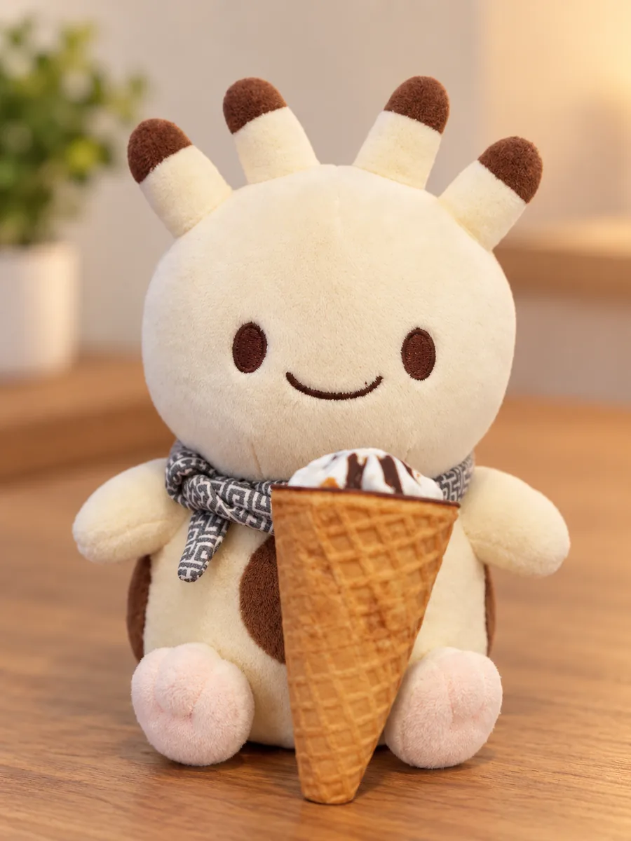 木の机に座るナンダモンのぬいぐるみ。体の前にソフトクリームのコーンが置かれている。