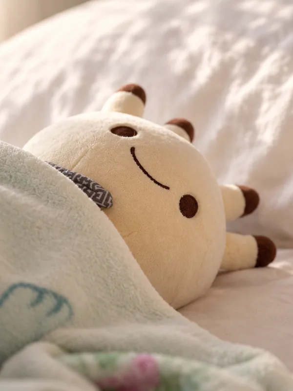 白いシーツの上で、水色の毛布をかけて横になるナンダモンのぬいぐるみ。