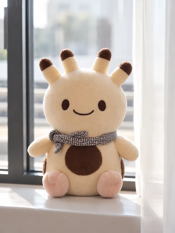 日の差す窓辺に座るナンダモンのぬいぐるみ。
